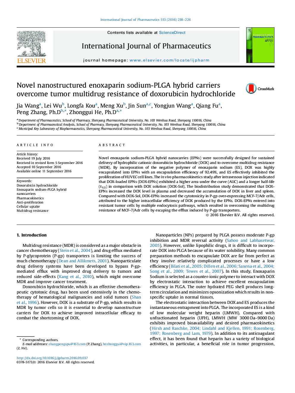 Novel nanostructured enoxaparin sodium-PLGA hybrid carriers overcome tumor multidrug resistance of doxorubicin hydrochloride