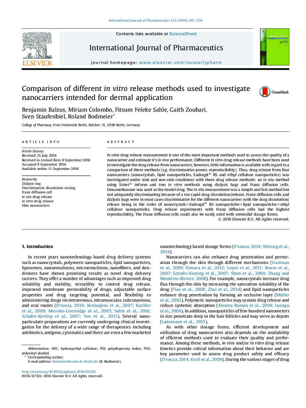 Comparison of different in vitro release methods used to investigate nanocarriers intended for dermal application