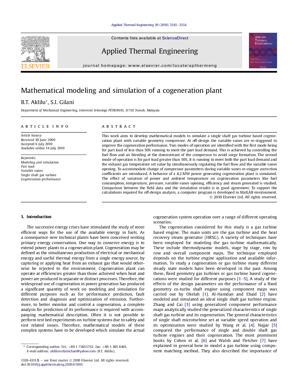 Mathematical modeling and simulation of a cogeneration plant