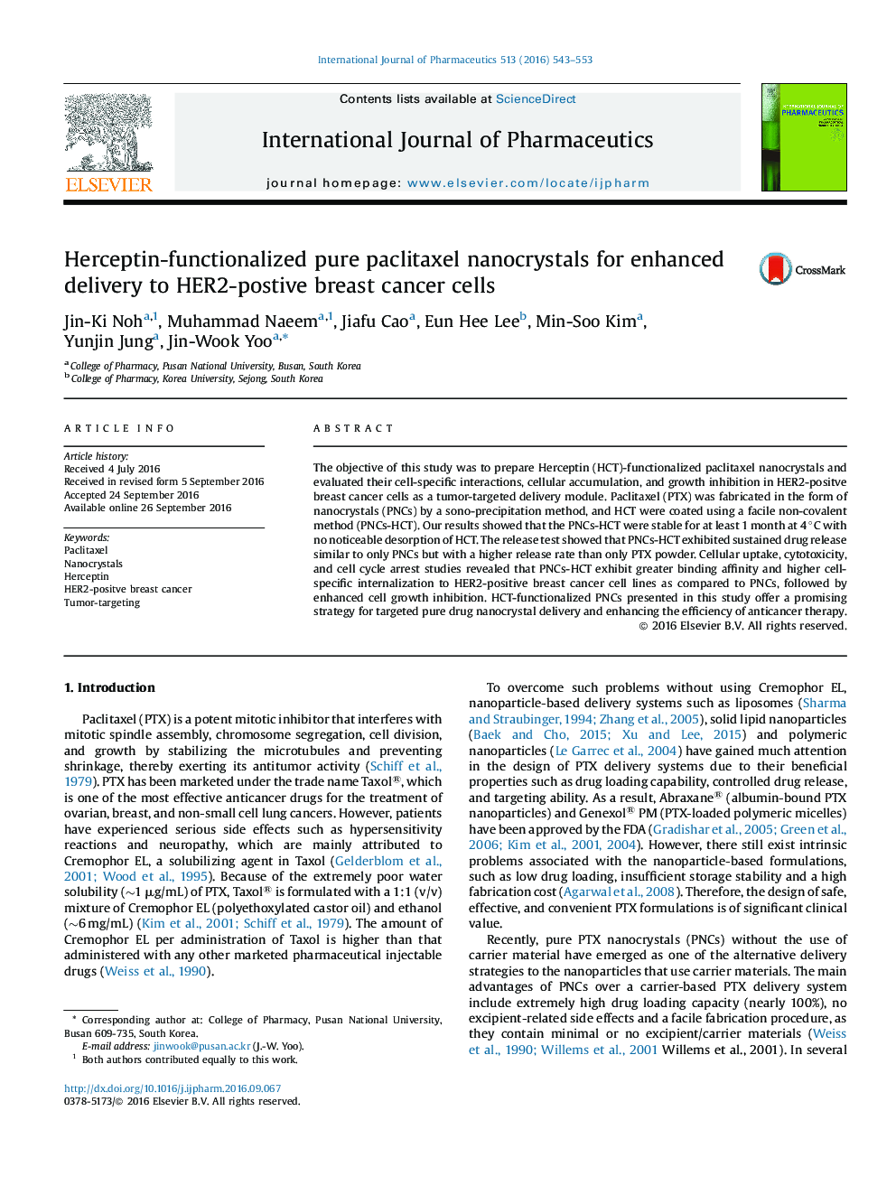 Herceptin-functionalized pure paclitaxel nanocrystals for enhanced delivery to HER2-postive breast cancer cells