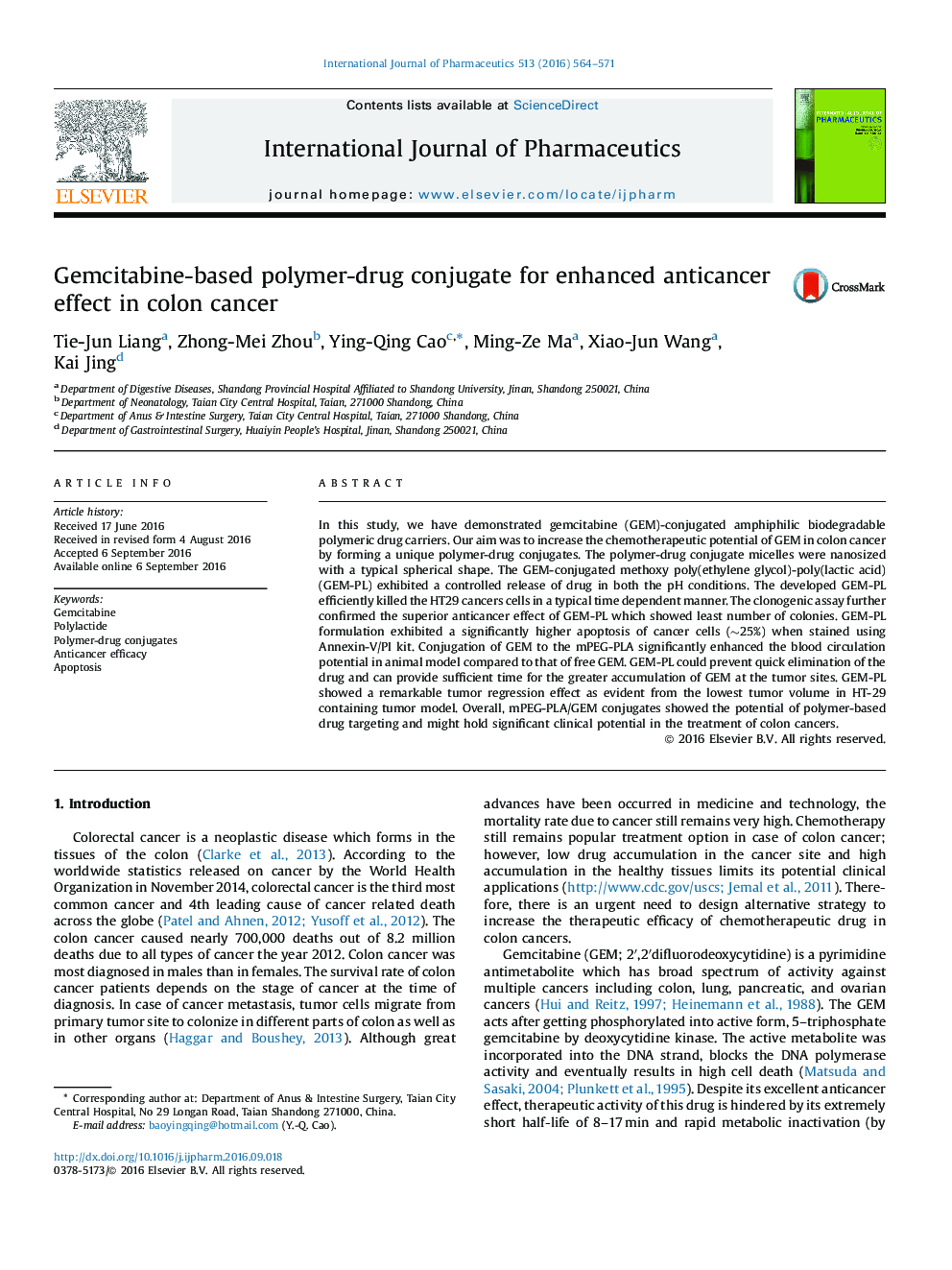 Gemcitabine-based polymer-drug conjugate for enhanced anticancer effect in colon cancer