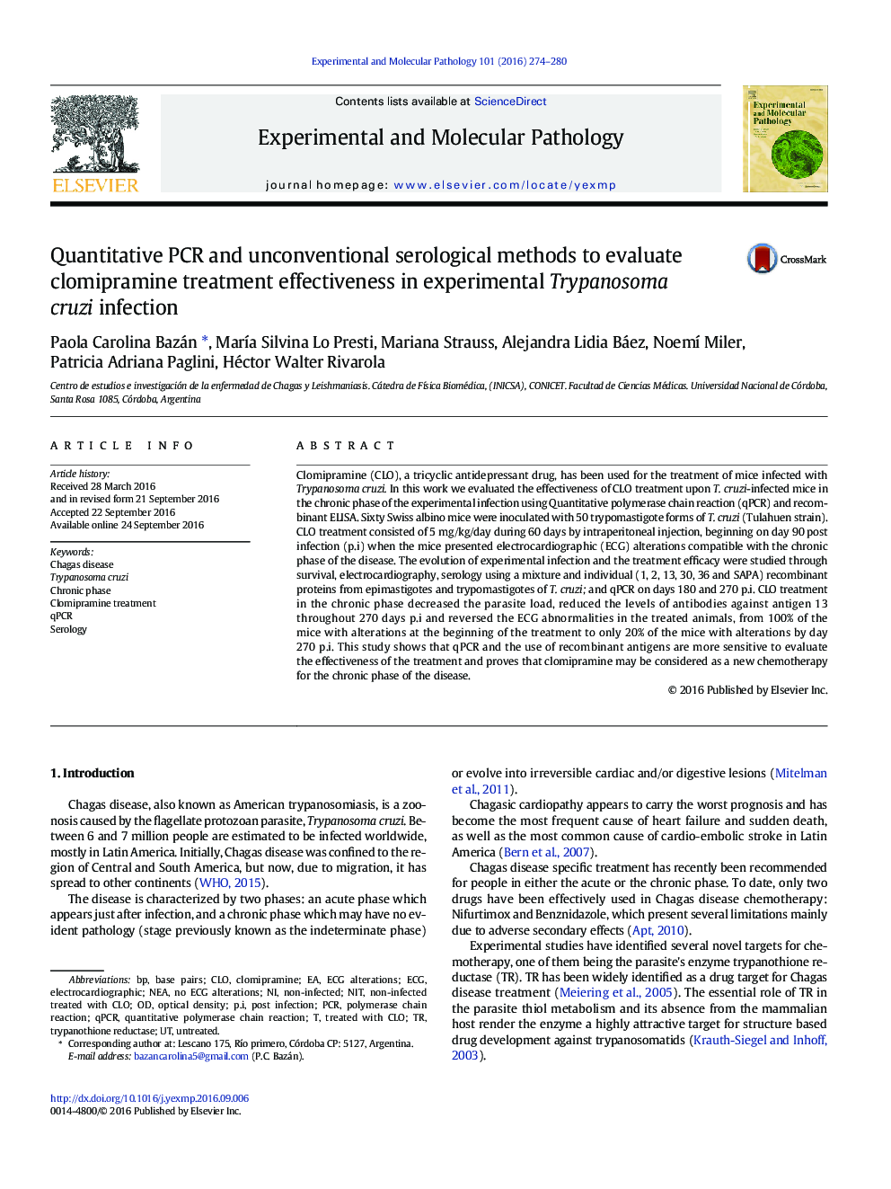 Quantitative PCR and unconventional serological methods to evaluate clomipramine treatment effectiveness in experimental Trypanosoma cruzi infection