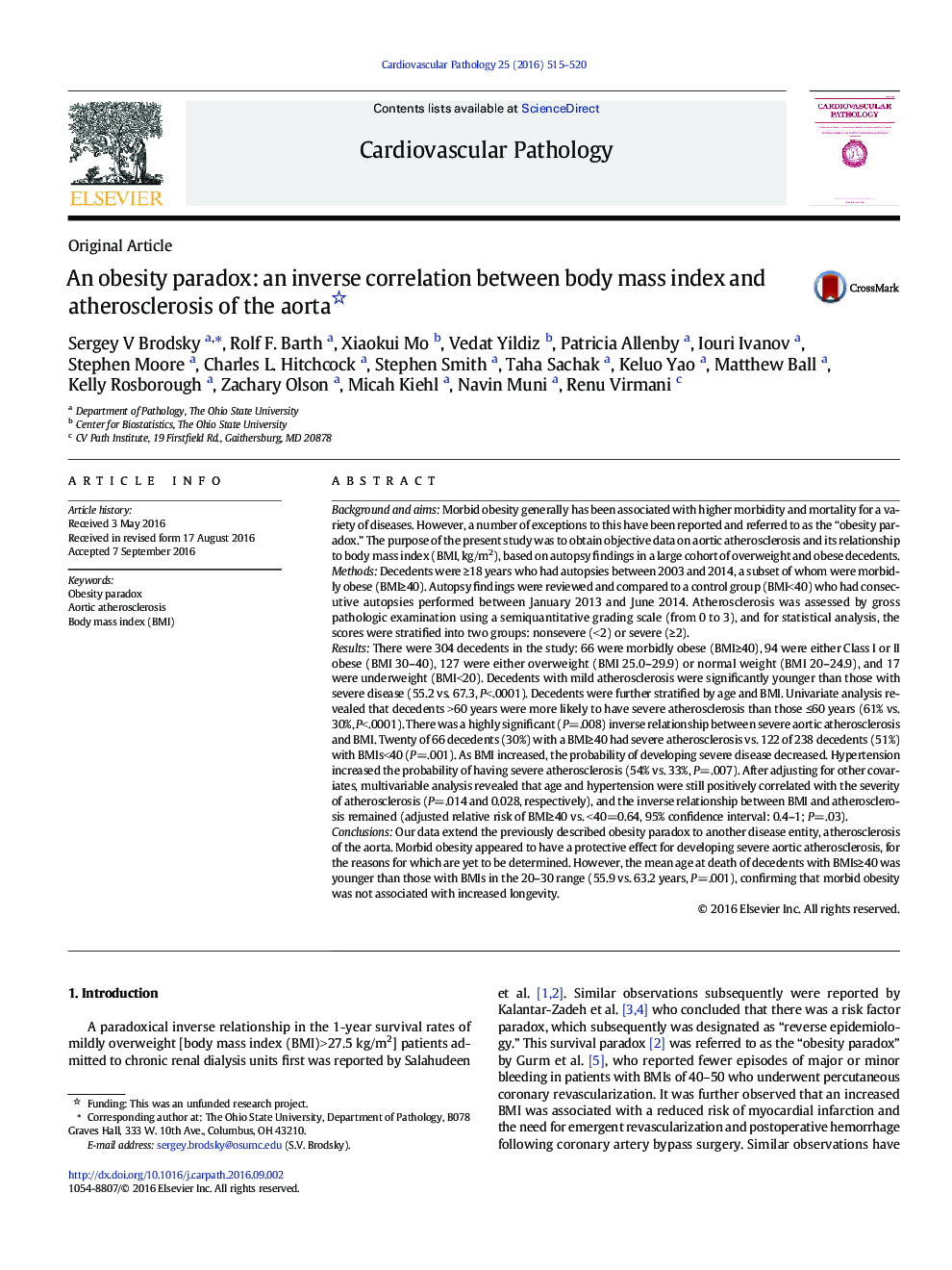 An obesity paradox: an inverse correlation between body mass index and atherosclerosis of the aorta