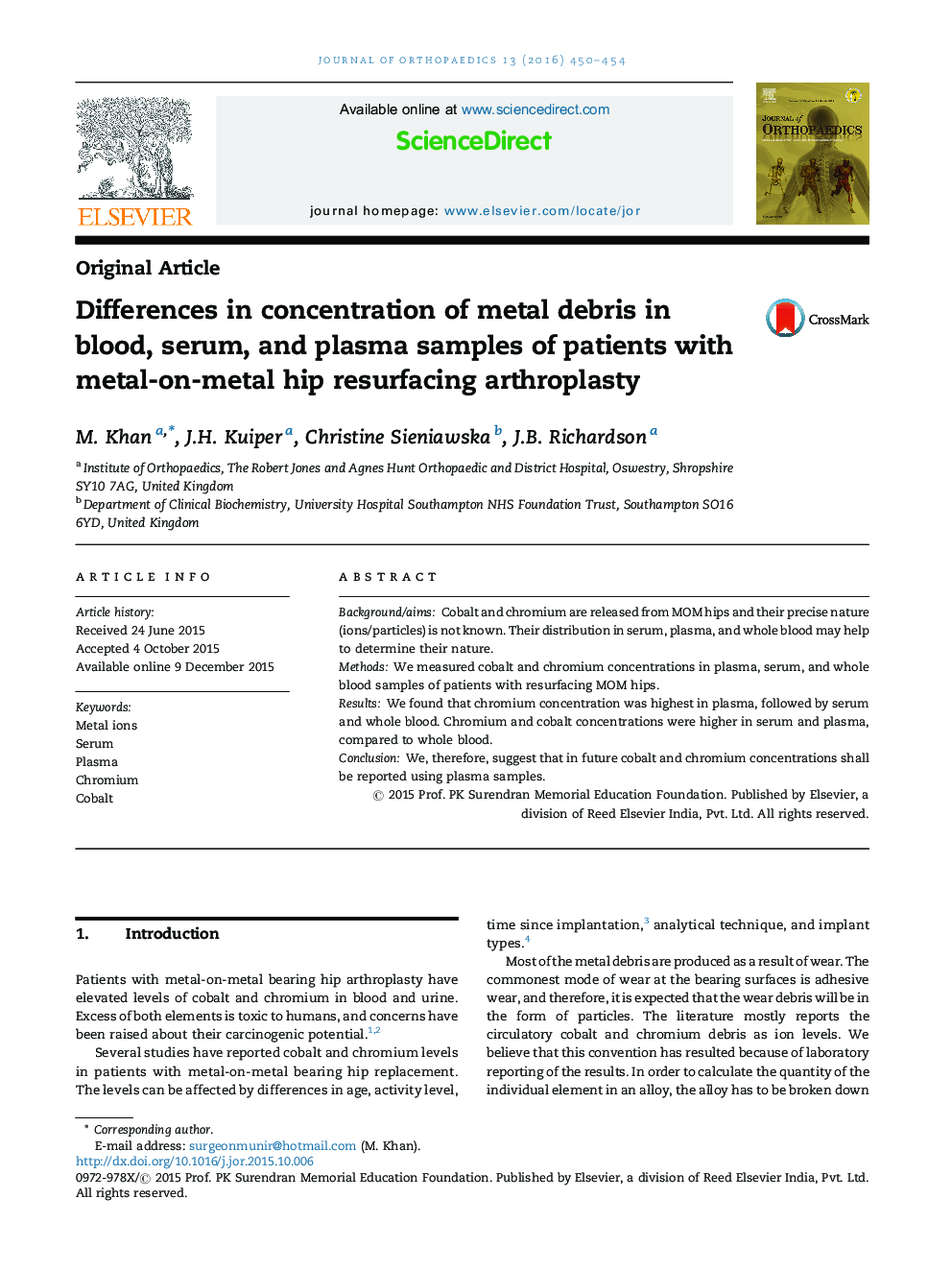 Differences in concentration of metal debris in blood, serum, and plasma samples of patients with metal-on-metal hip resurfacing arthroplasty