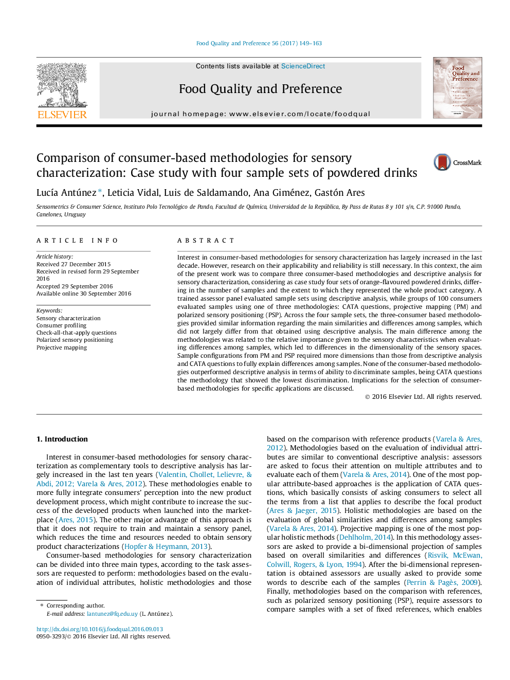 Comparison of consumer-based methodologies for sensory characterization: Case study with four sample sets of powdered drinks