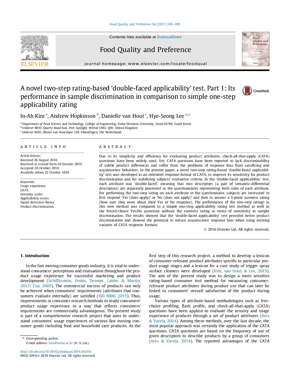 A novel two-step rating-based 'double-faced applicability' test. Part 1: Its performance in sample discrimination in comparison to simple one-step applicability rating