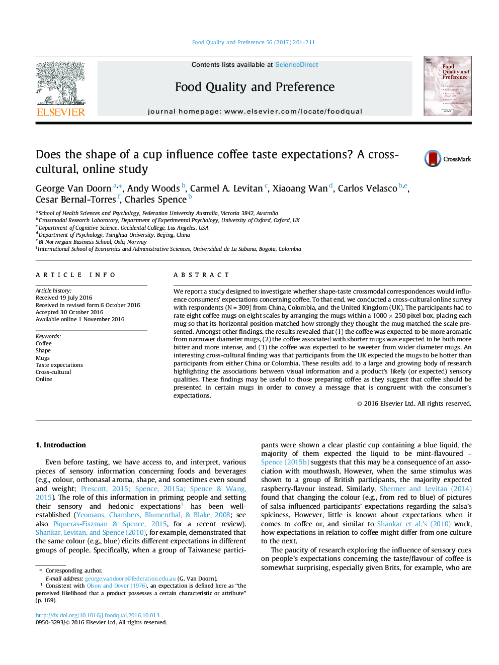 Does the shape of a cup influence coffee taste expectations? A cross-cultural, online study