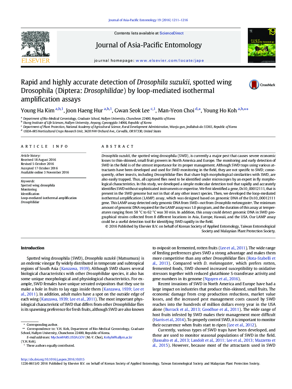 Rapid and highly accurate detection of Drosophila suzukii, spotted wing Drosophila (Diptera: Drosophilidae) by loop-mediated isothermal amplification assays