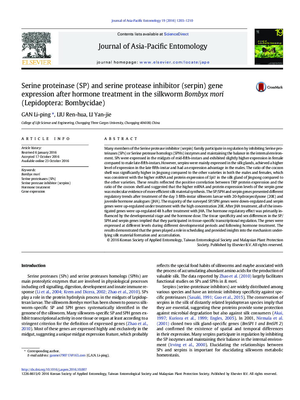 Serine proteinase (SP) and serine protease inhibitor (serpin) gene expression after hormone treatment in the silkworm Bombyx mori (Lepidoptera: Bombycidae)