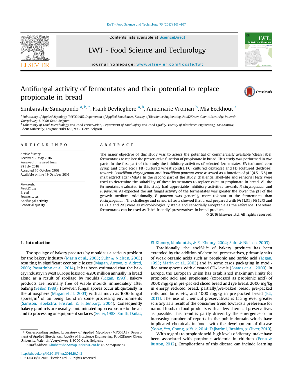 Antifungal activity of fermentates and their potential to replace propionate in bread