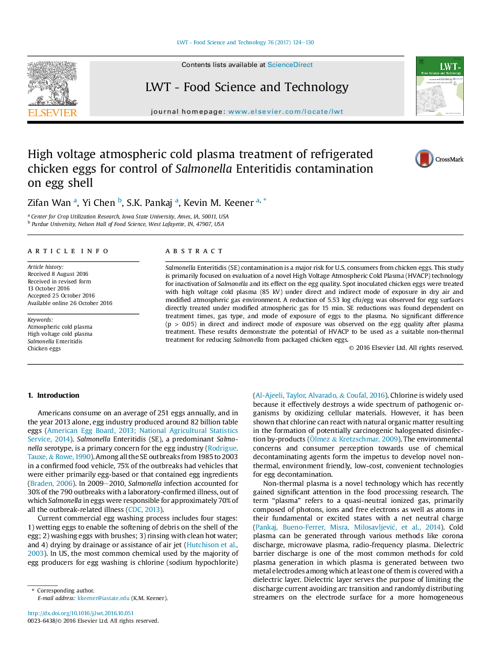 High voltage atmospheric cold plasma treatment of refrigerated chicken eggs for control of Salmonella Enteritidis contamination onÂ egg shell