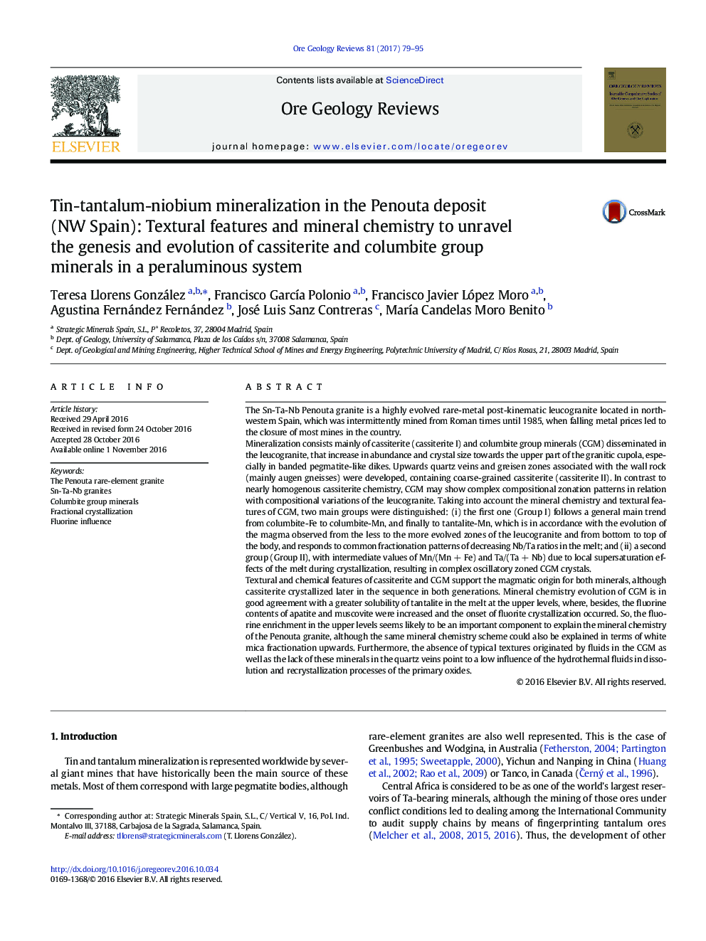 Tin-tantalum-niobium mineralization in the Penouta deposit (NW Spain): Textural features and mineral chemistry to unravel the genesis and evolution of cassiterite and columbite group minerals in a peraluminous system