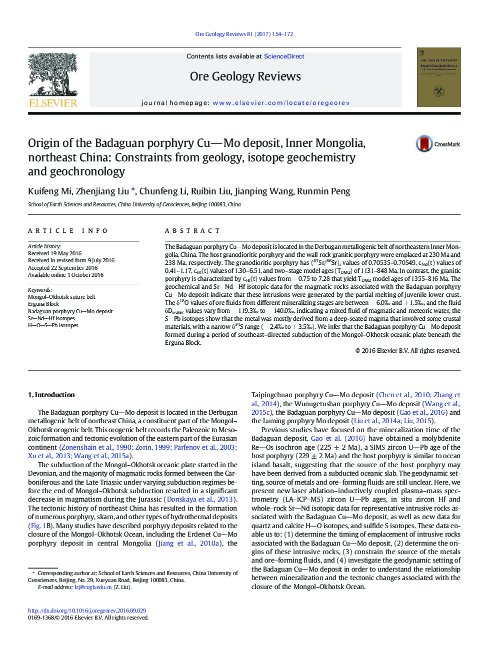 Origin of the Badaguan porphyry CuMo deposit, Inner Mongolia, northeast China: Constraints from geology, isotope geochemistry and geochronology