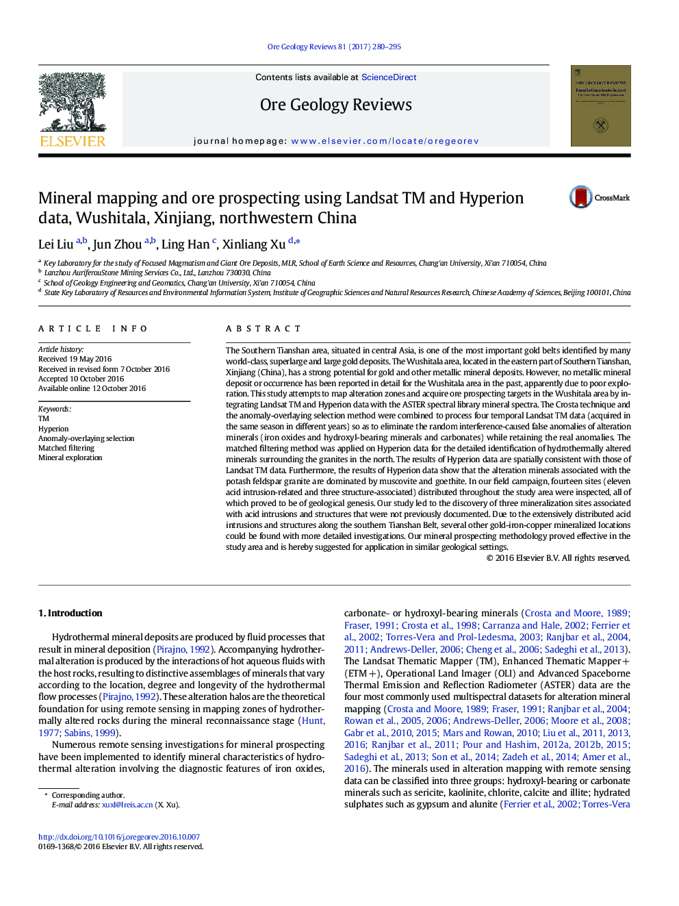 Mineral mapping and ore prospecting using Landsat TM and Hyperion data, Wushitala, Xinjiang, northwestern China