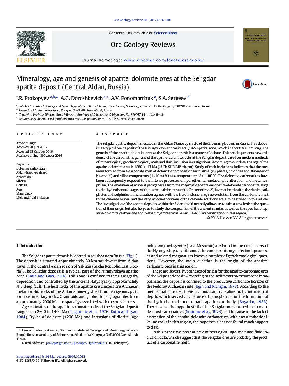 Mineralogy, age and genesis of apatite-dolomite ores at the Seligdar apatite deposit (Central Aldan, Russia)