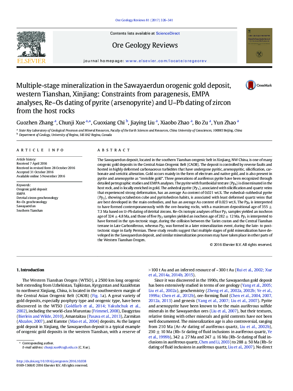 Multiple-stage mineralization in the Sawayaerdun orogenic gold deposit, western Tianshan, Xinjiang: Constraints from paragenesis, EMPA analyses, Re-Os dating of pyrite (arsenopyrite) and U-Pb dating of zircon from the host rocks