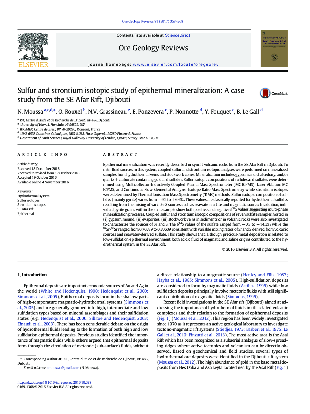 مطالعه ایزوتوپ های سولفور و استرانسیوم از کانی سازی اپیترمال: یک مطالعه موردی از جنوب شرق آفریقا، جیبوتی