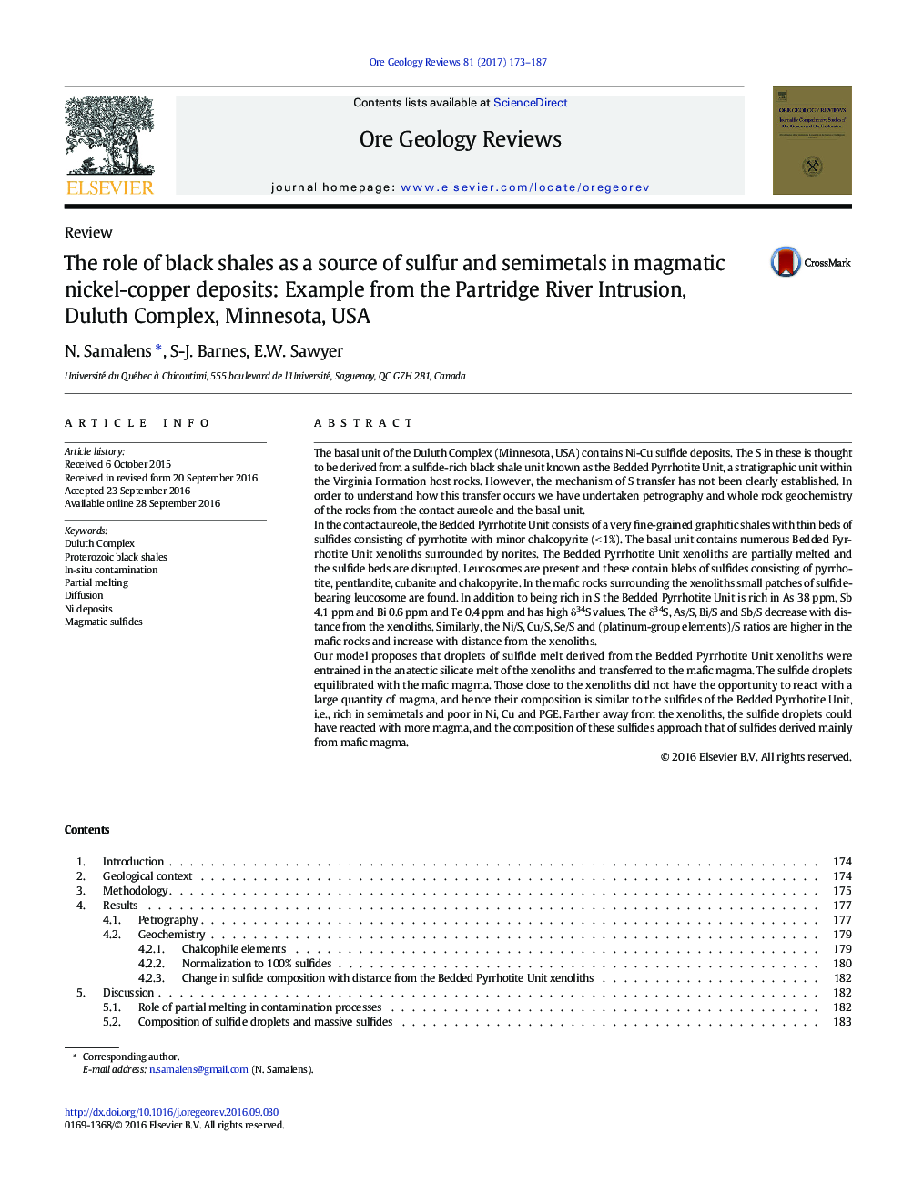 The role of black shales as a source of sulfur and semimetals in magmatic nickel-copper deposits: Example from the Partridge River Intrusion, Duluth Complex, Minnesota, USA