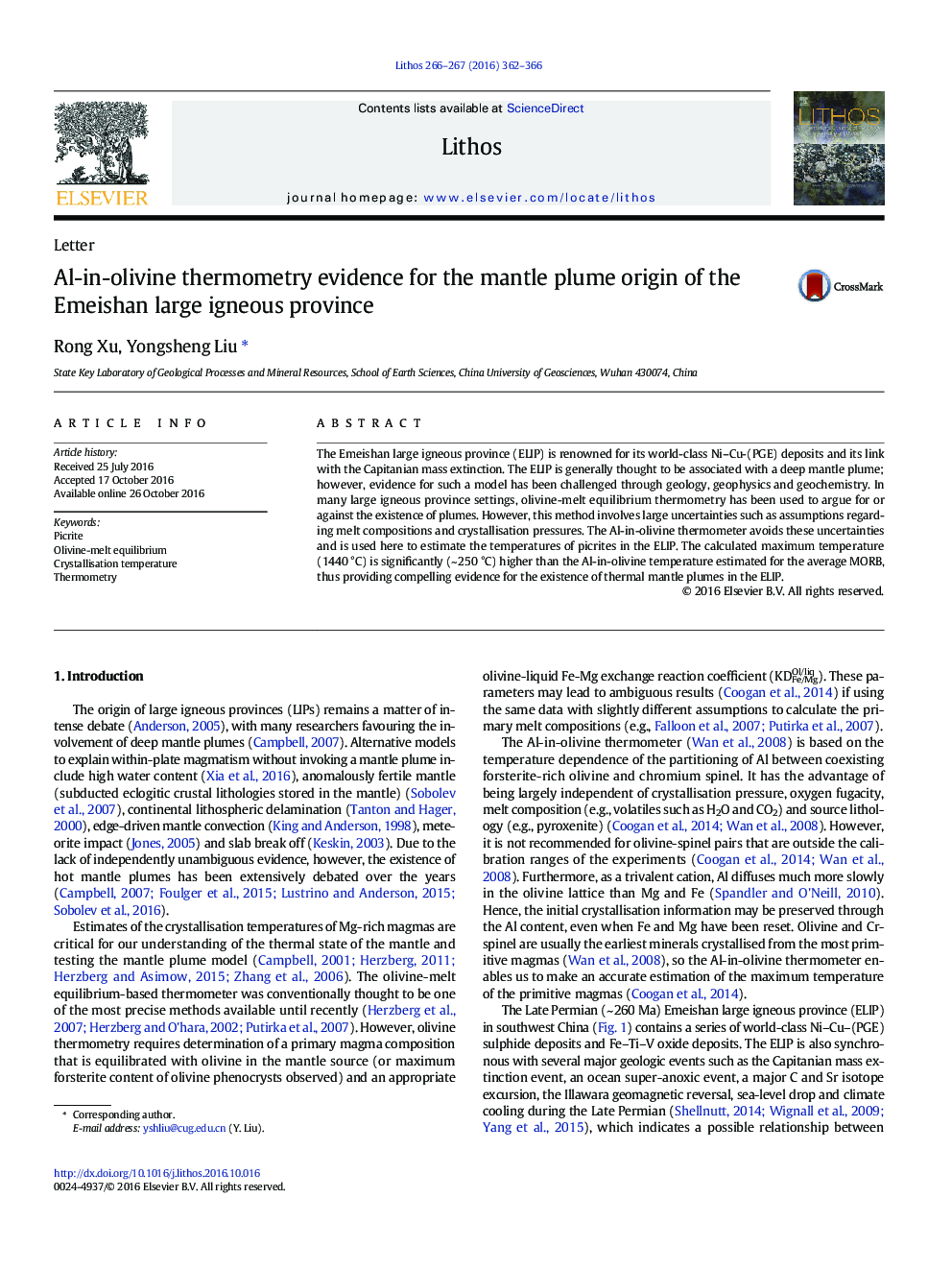 Al-in-olivine thermometry evidence for the mantle plume origin of the Emeishan large igneous province