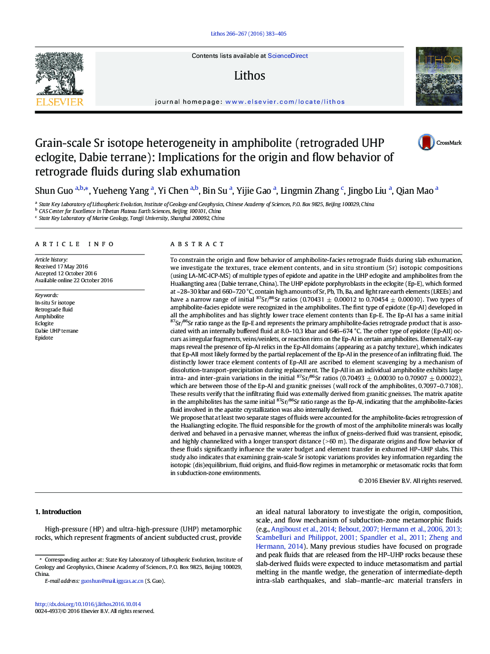 Grain-scale Sr isotope heterogeneity in amphibolite (retrograded UHP eclogite, Dabie terrane): Implications for the origin and flow behavior of retrograde fluids during slab exhumation