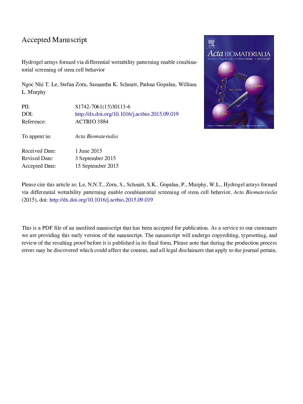 Hydrogel arrays formed via differential wettability patterning enable combinatorial screening of stem cell behavior