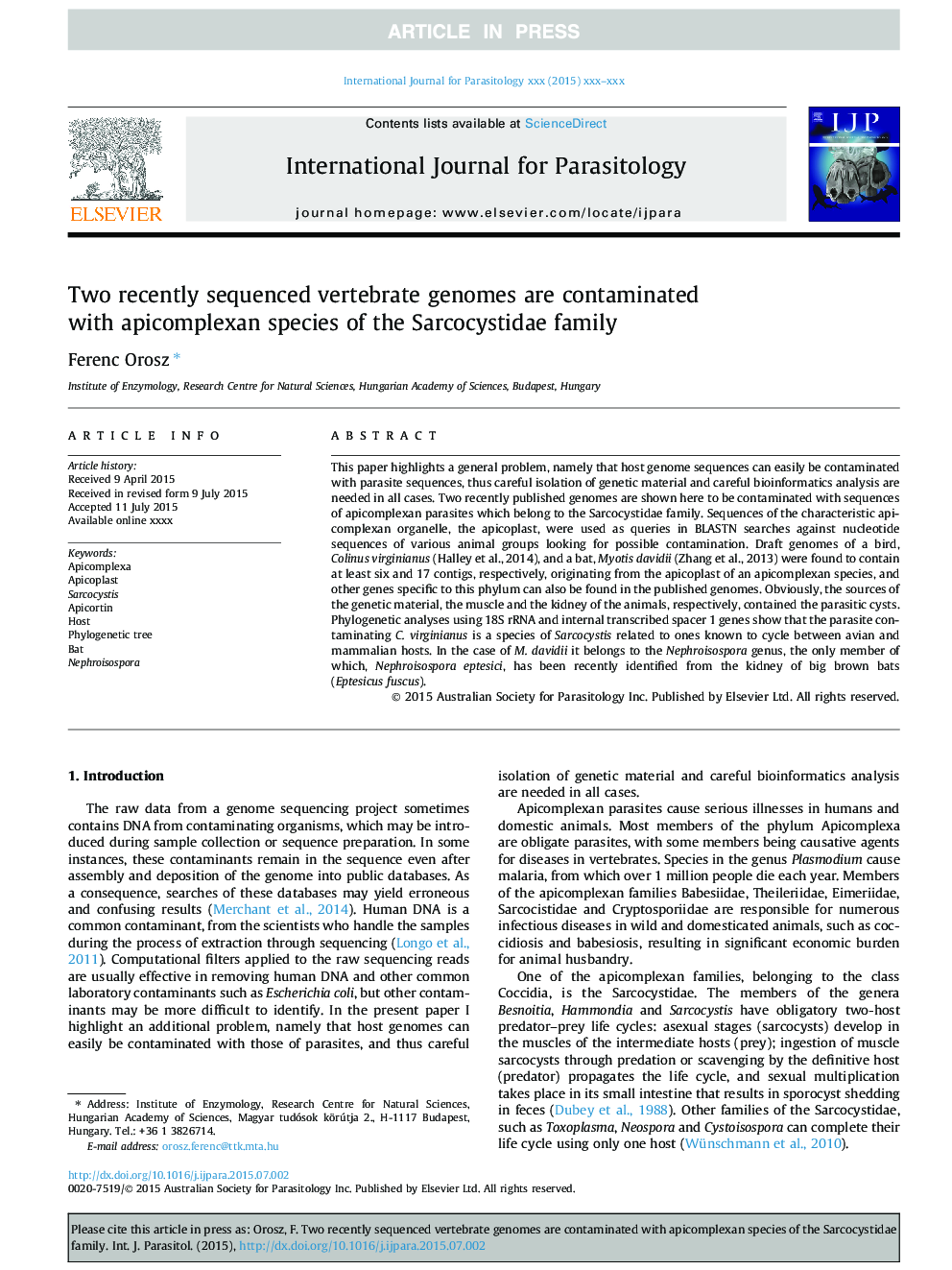 Two recently sequenced vertebrate genomes are contaminated with apicomplexan species of the Sarcocystidae family