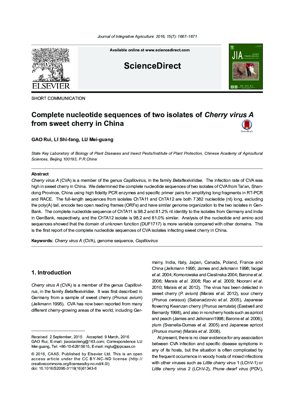 Complete nucleotide sequences of two isolates of Cherry virus A from sweet cherry in China