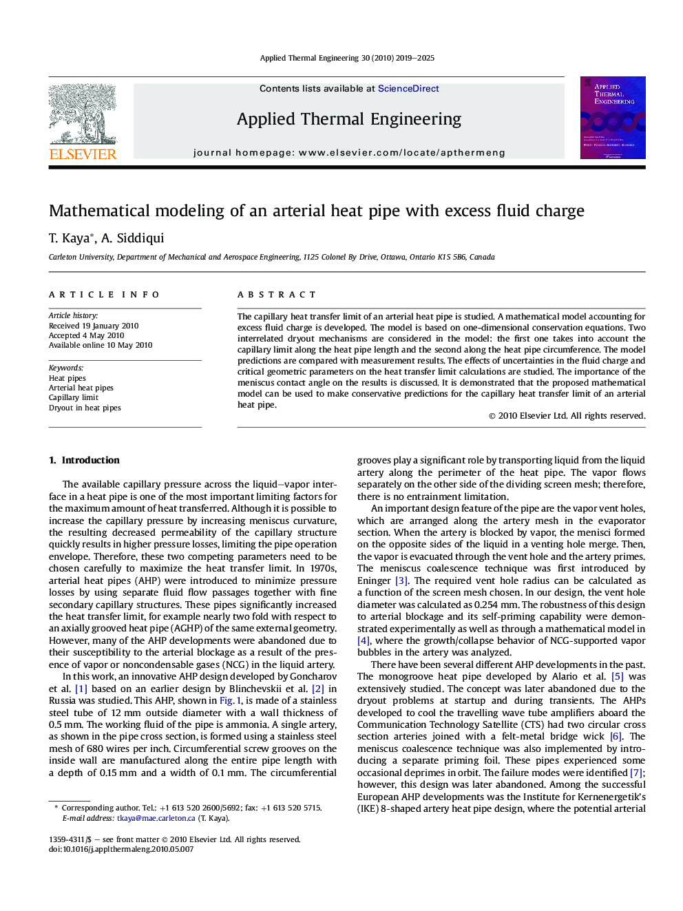 Mathematical modeling of an arterial heat pipe with excess fluid charge