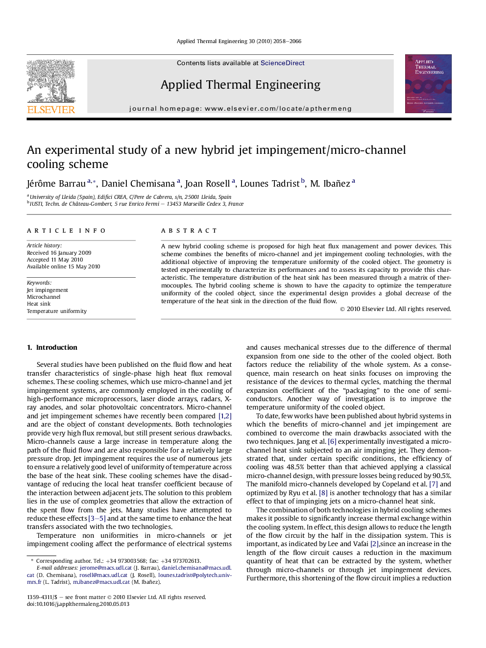 An experimental study of a new hybrid jet impingement/micro-channel cooling scheme