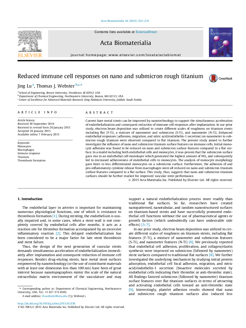 Reduced immune cell responses on nano and submicron rough titanium