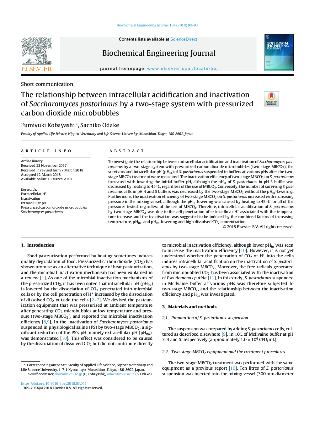 The relationship between intracellular acidification and inactivation of Saccharomyces pastorianus by a two-stage system with pressurized carbon dioxide microbubbles