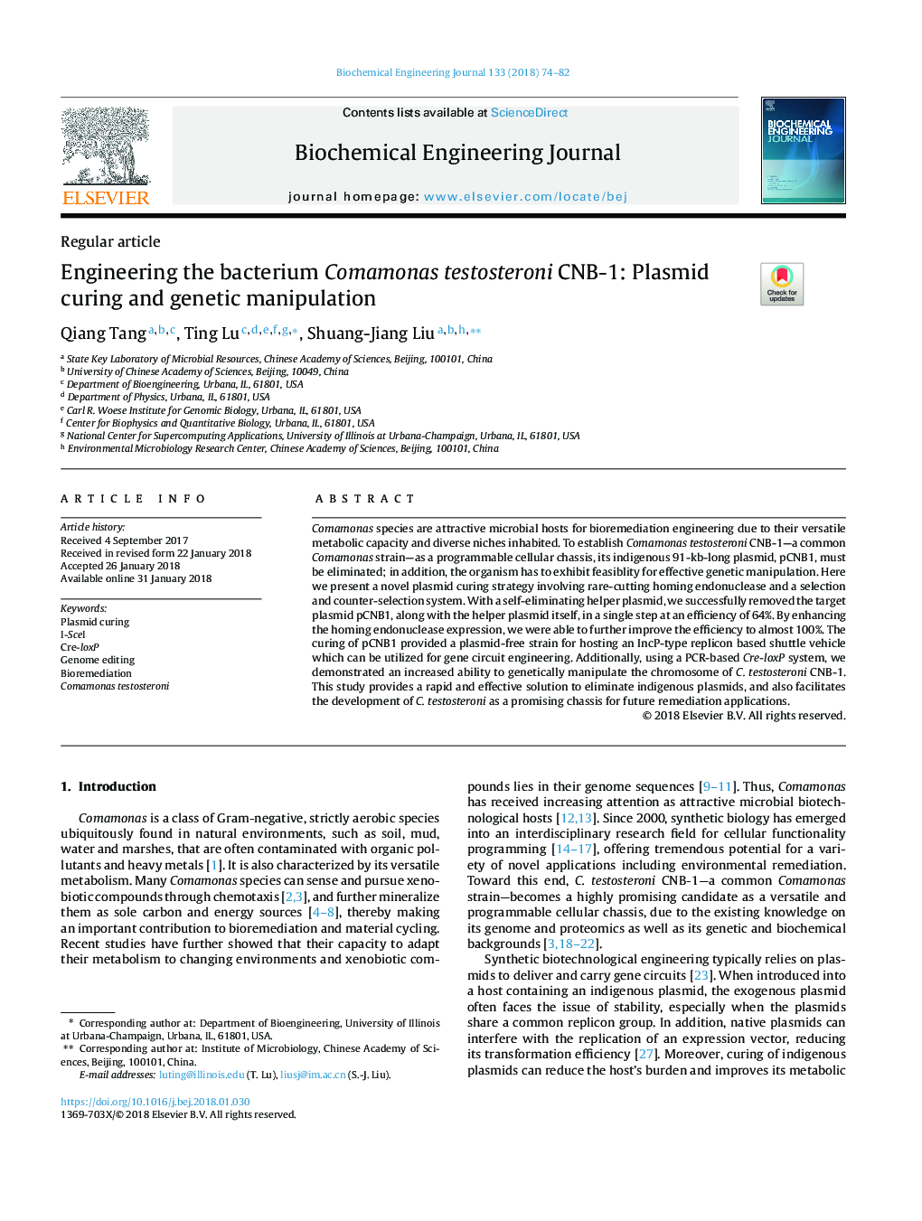 Engineering the bacterium Comamonas testosteroni CNB-1: Plasmid curing and genetic manipulation