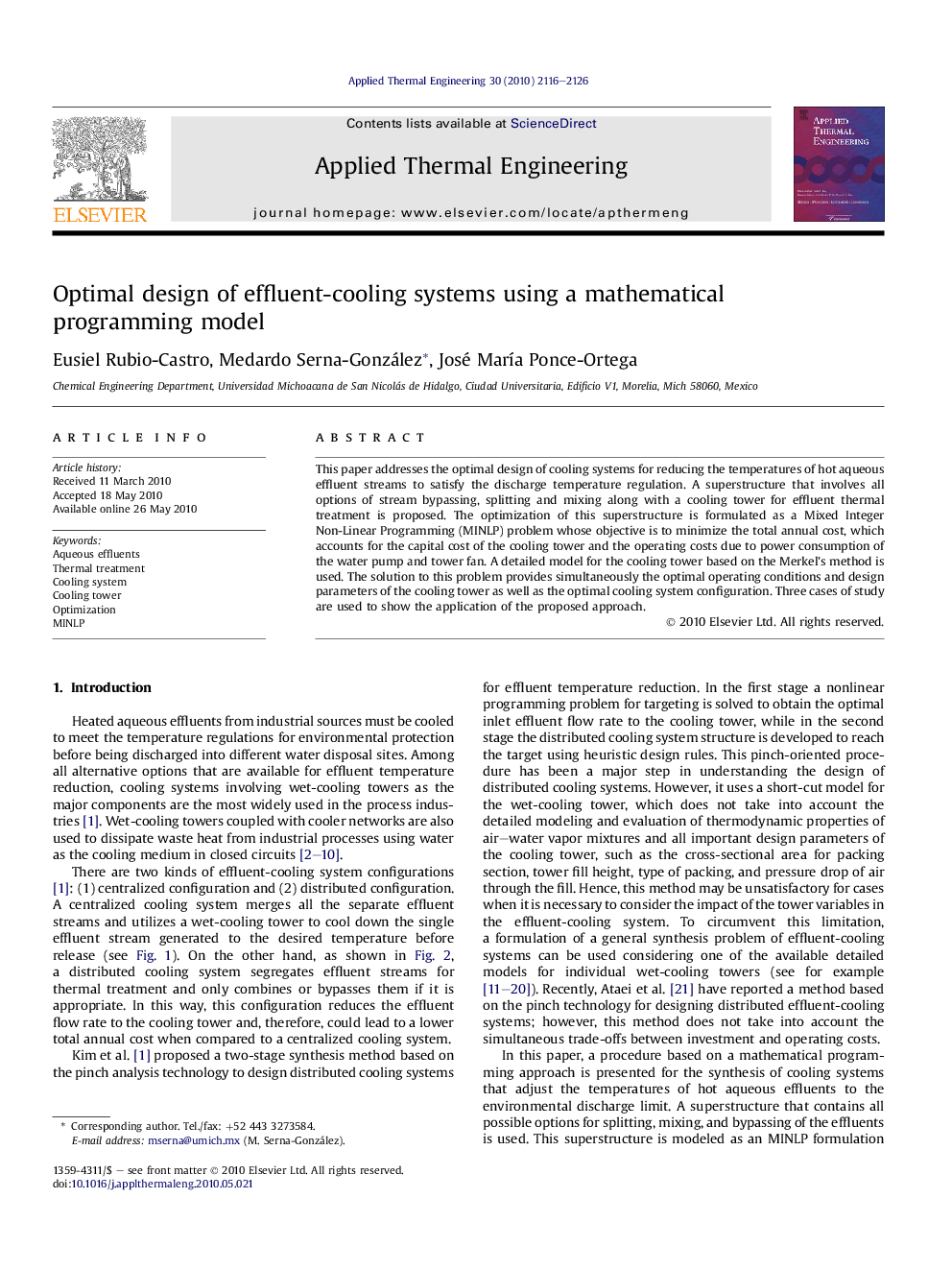 Optimal design of effluent-cooling systems using a mathematical programming model