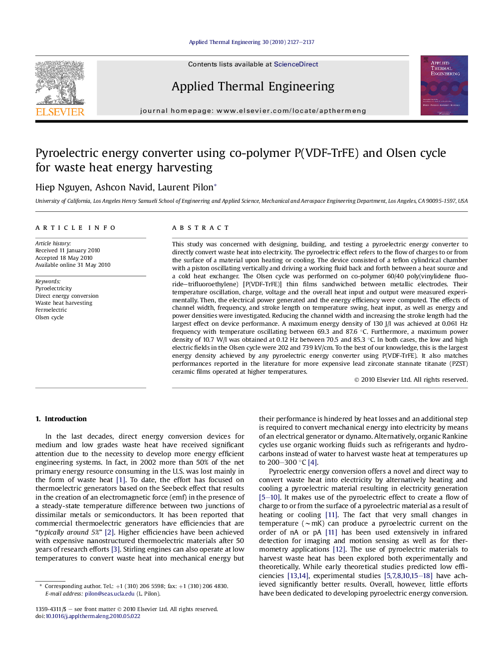 Pyroelectric energy converter using co-polymer P(VDF-TrFE) and Olsen cycle for waste heat energy harvesting