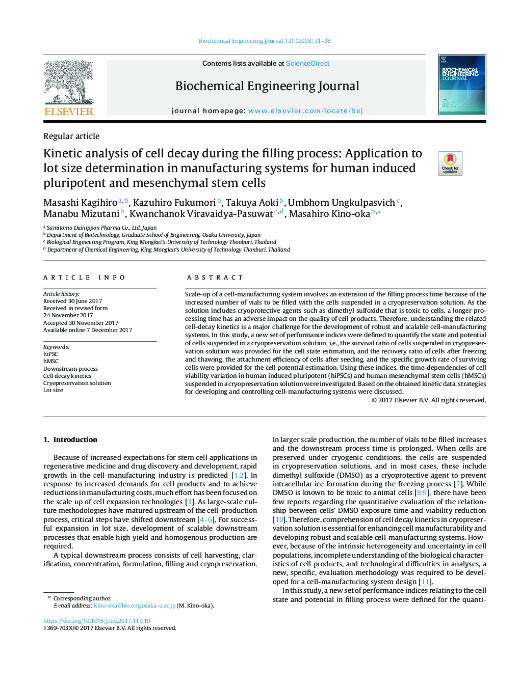 Kinetic analysis of cell decay during the filling process: Application to lot size determination in manufacturing systems for human induced pluripotent and mesenchymal stem cells