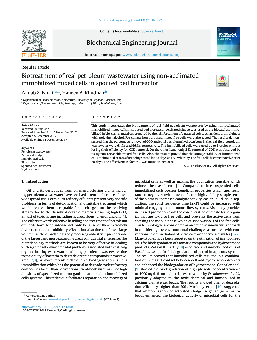 Biotreatment of real petroleum wastewater using non-acclimated immobilized mixed cells in spouted bed bioreactor