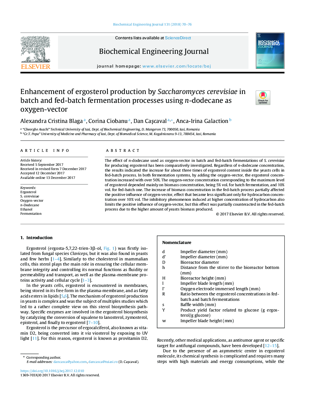 Enhancement of ergosterol production by Saccharomyces cerevisiae in batch and fed-batch fermentation processes using n-dodecane as oxygen-vector