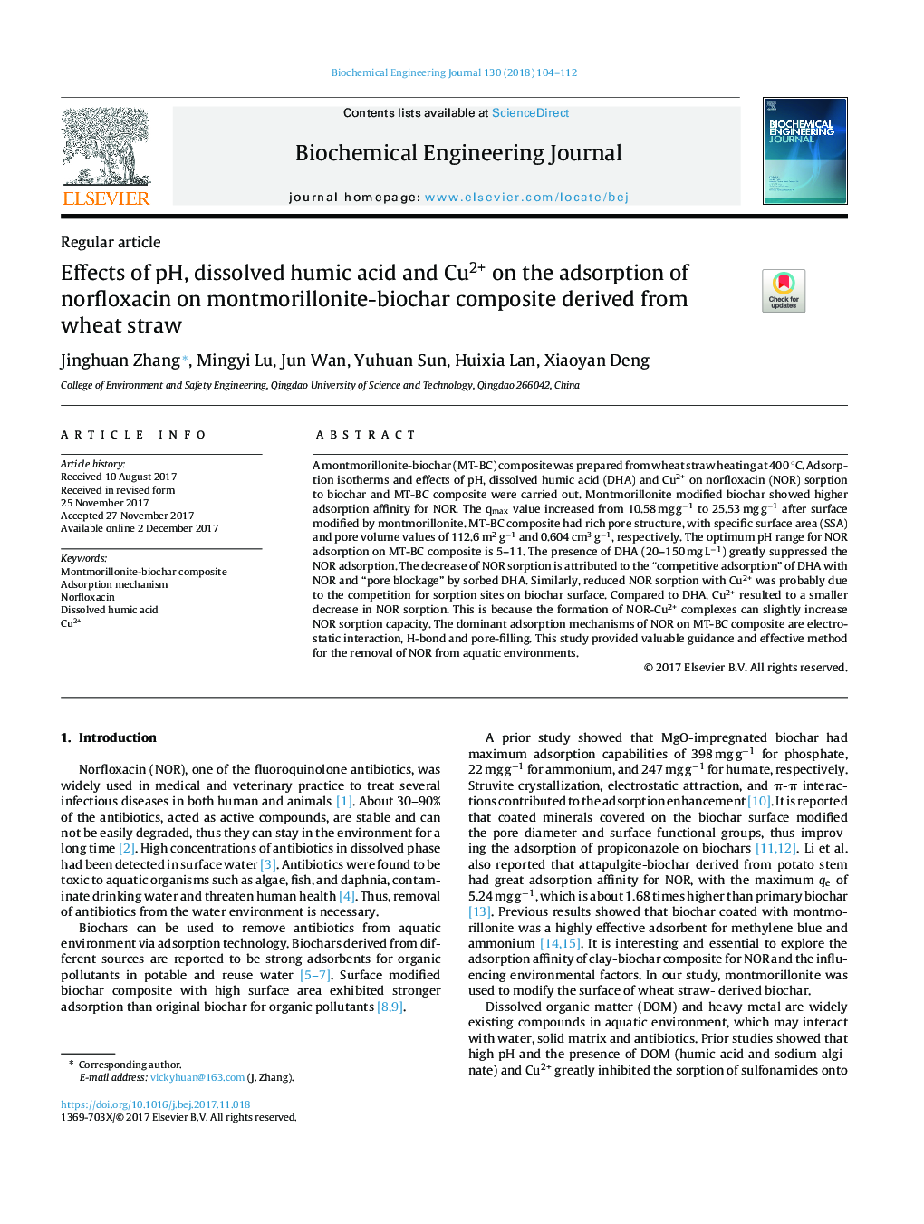 Effects of pH, dissolved humic acid and Cu2+ on the adsorption of norfloxacin on montmorillonite-biochar composite derived from wheat straw