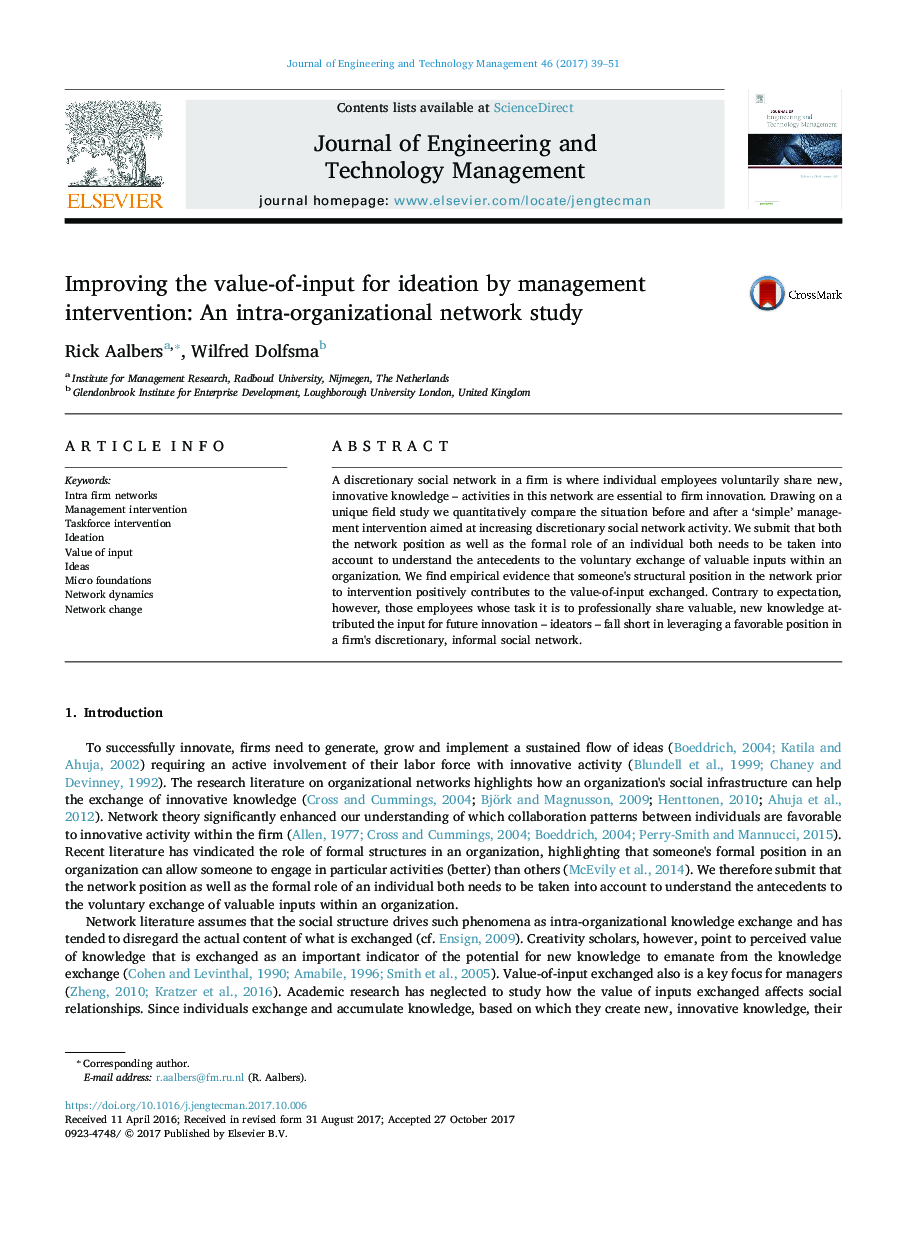 Improving the value-of-input for ideation by management intervention: An intra-organizational network study