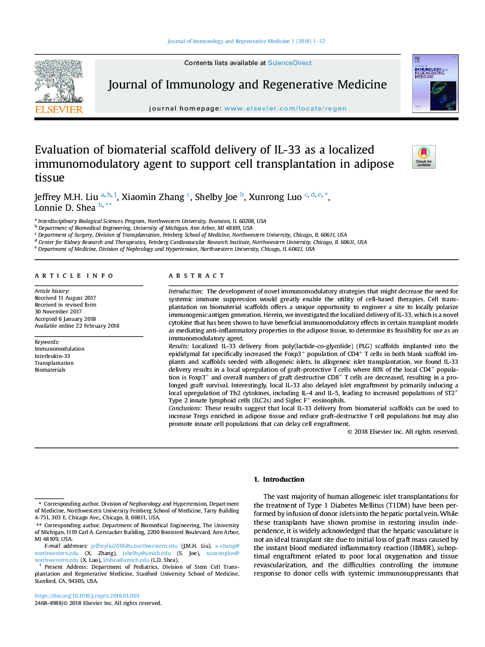 Evaluation of biomaterial scaffold delivery of IL-33 as a localized immunomodulatory agent to support cell transplantation in adipose tissue