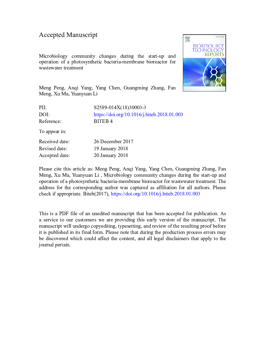 Microbiology community changes during the start-up and operation of a photosynthetic bacteria-membrane bioreactor for wastewater treatment