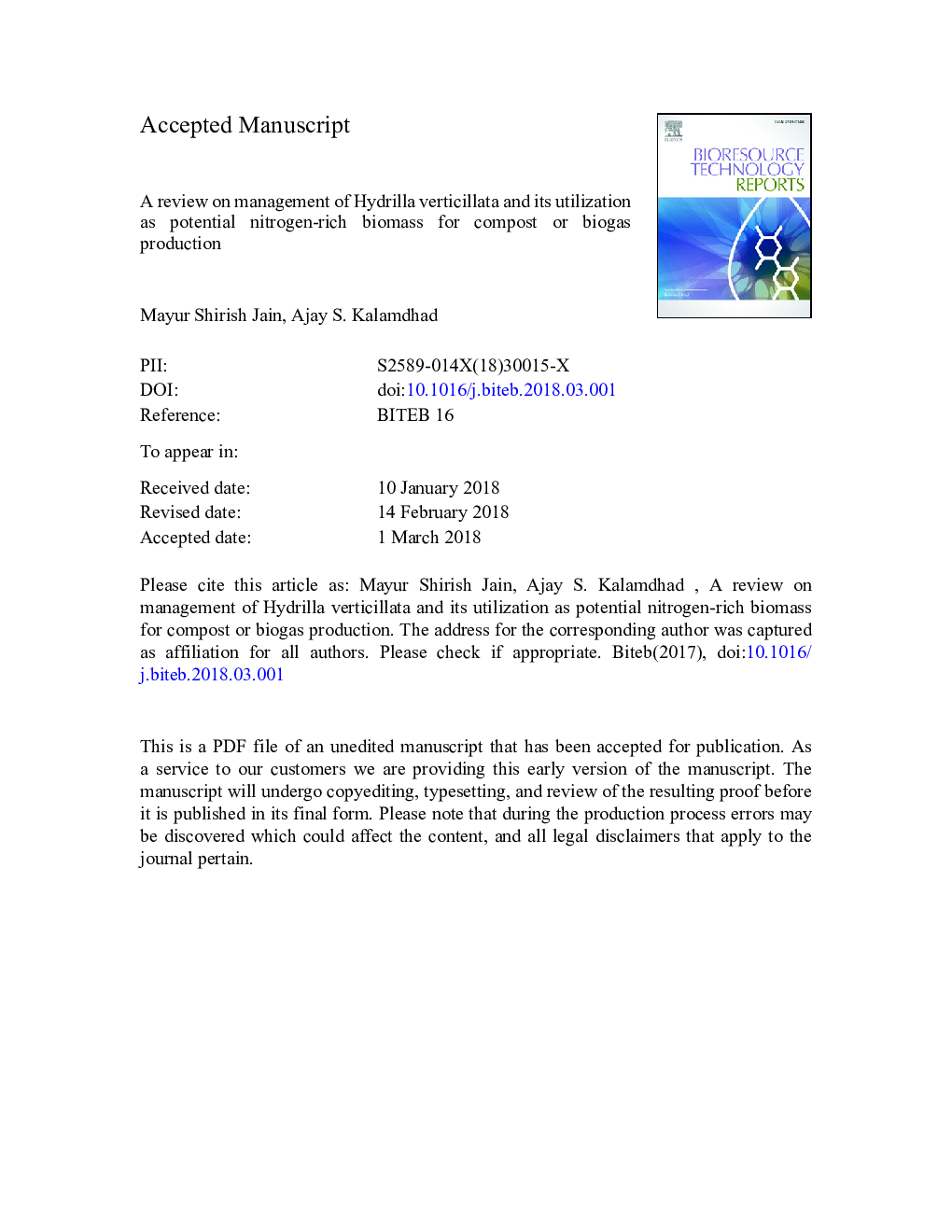 A review on management of Hydrilla verticillata and its utilization as potential nitrogen-rich biomass for compost or biogas production