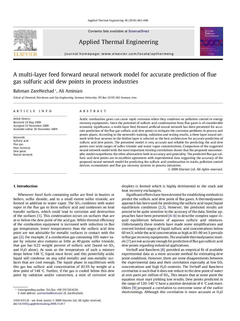 A multi-layer feed forward neural network model for accurate prediction of flue gas sulfuric acid dew points in process industries