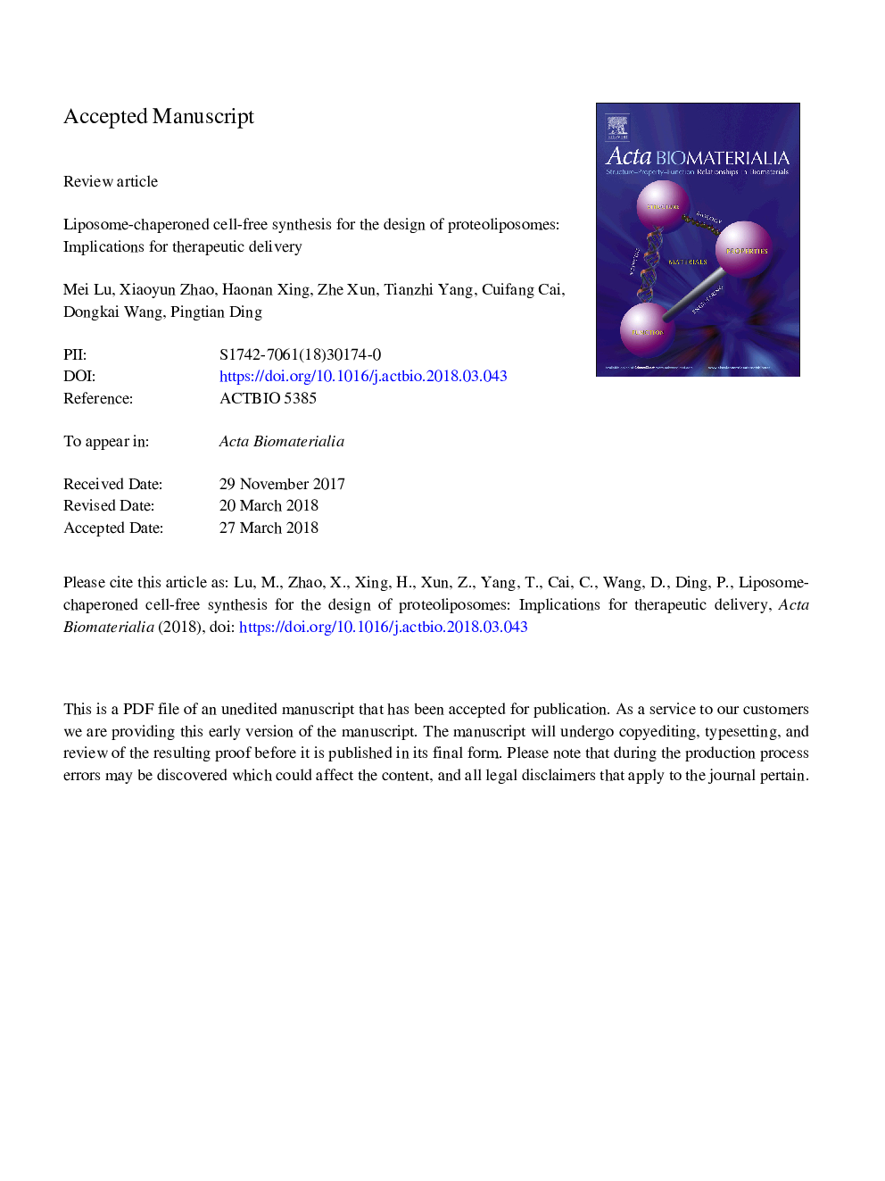عکس صفحه اول مقاله: Liposome-chaperoned cell-free synthesis for the design of proteoliposomes: Implications for therapeutic delivery Liposome-chaperoned cell-free synthesis for the design of proteoliposomes: Implications for therapeutic delivery
