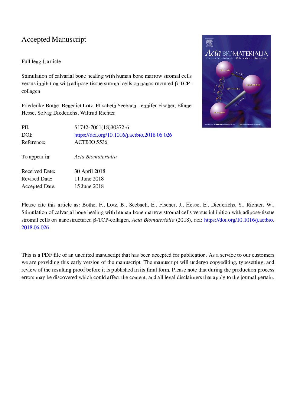 Stimulation of calvarial bone healing with human bone marrow stromal cells versus inhibition with adipose-tissue stromal cells on nanostructured Î²-TCP-collagen