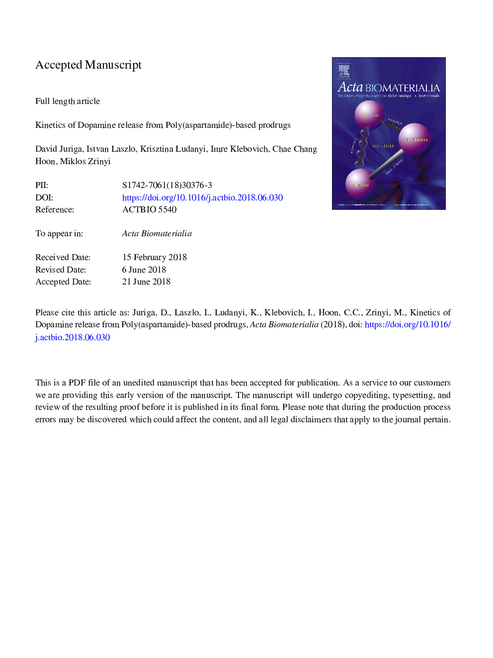 Kinetics of dopamine release from poly(aspartamide)-based prodrugs