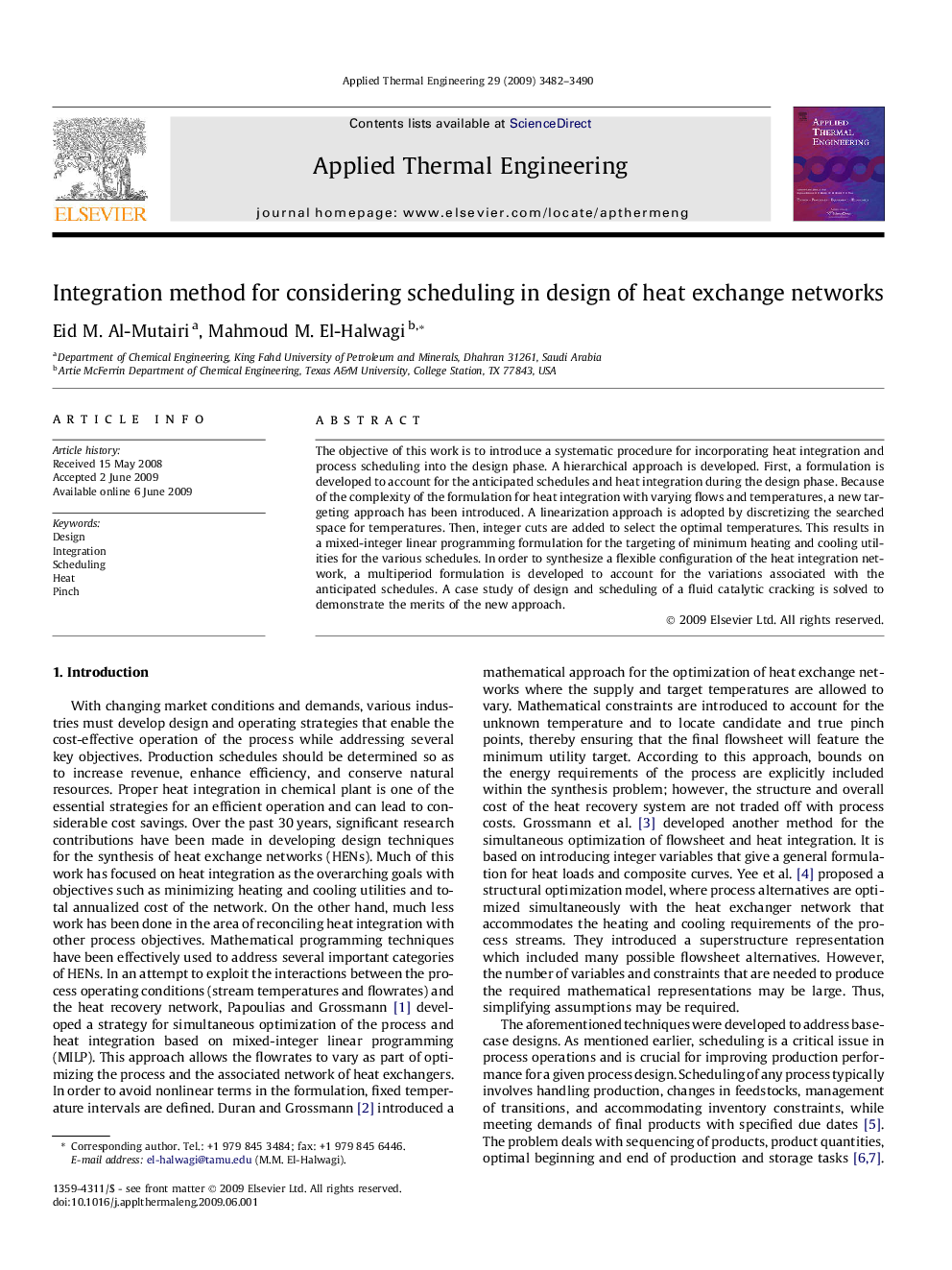 Integration method for considering scheduling in design of heat exchange networks