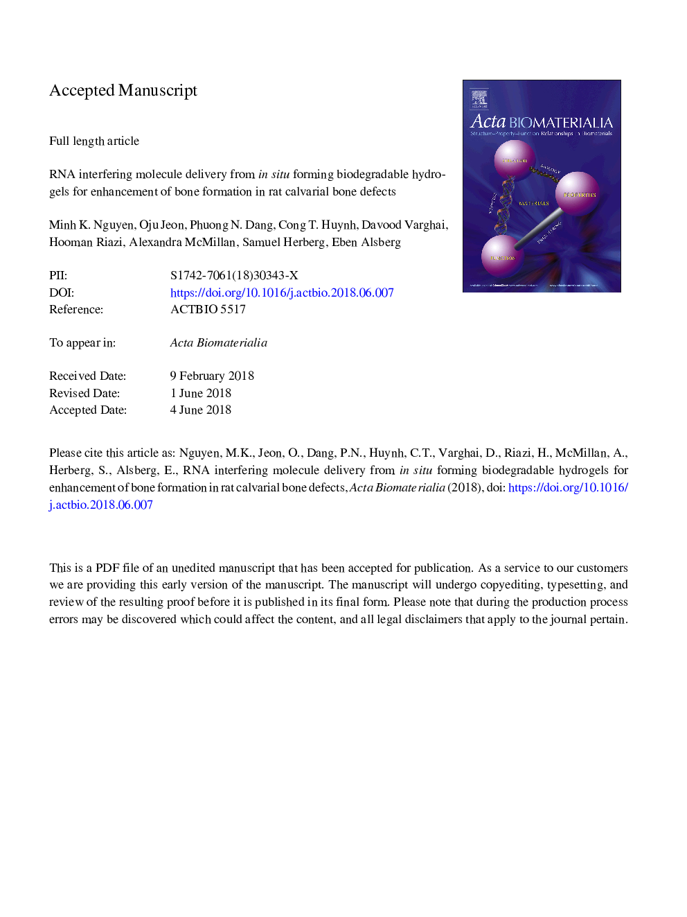 RNA interfering molecule delivery from in situ forming biodegradable hydrogels for enhancement of bone formation in rat calvarial bone defects