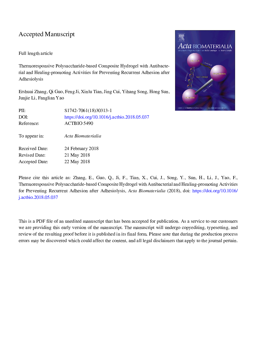 Thermoresponsive polysaccharide-based composite hydrogel with antibacterial and healing-promoting activities for preventing recurrent adhesion after adhesiolysis