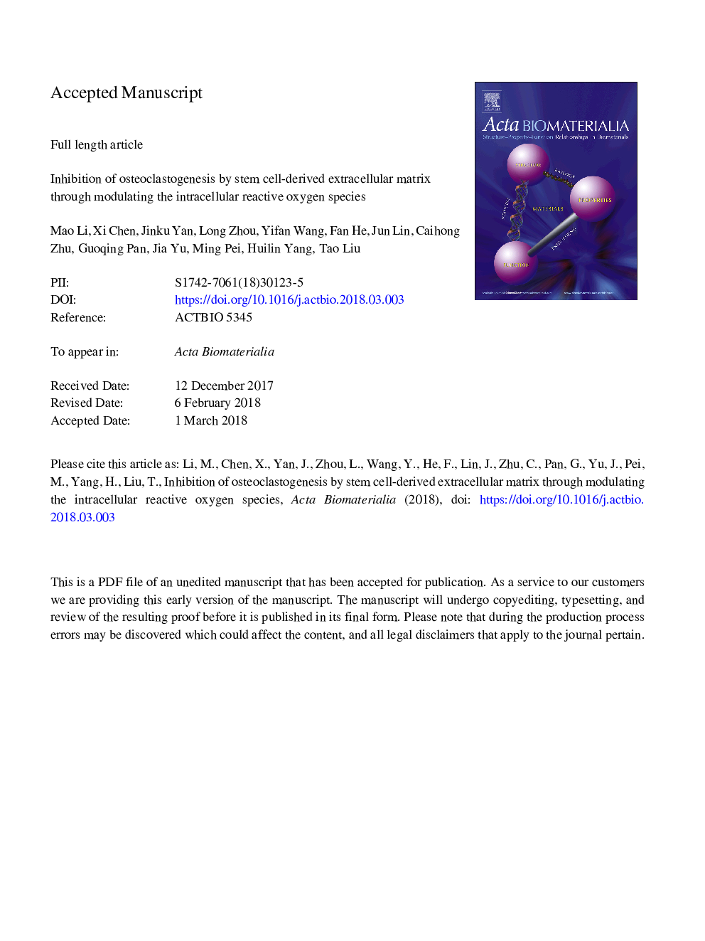 مهار استئوکلستوژنز توسط ماتریکس خارج سلولی حاصل از سلول های بنیادی از طریق مدولاسیون گونه های اکسیژن واکنش پذیر داخل سلولی 